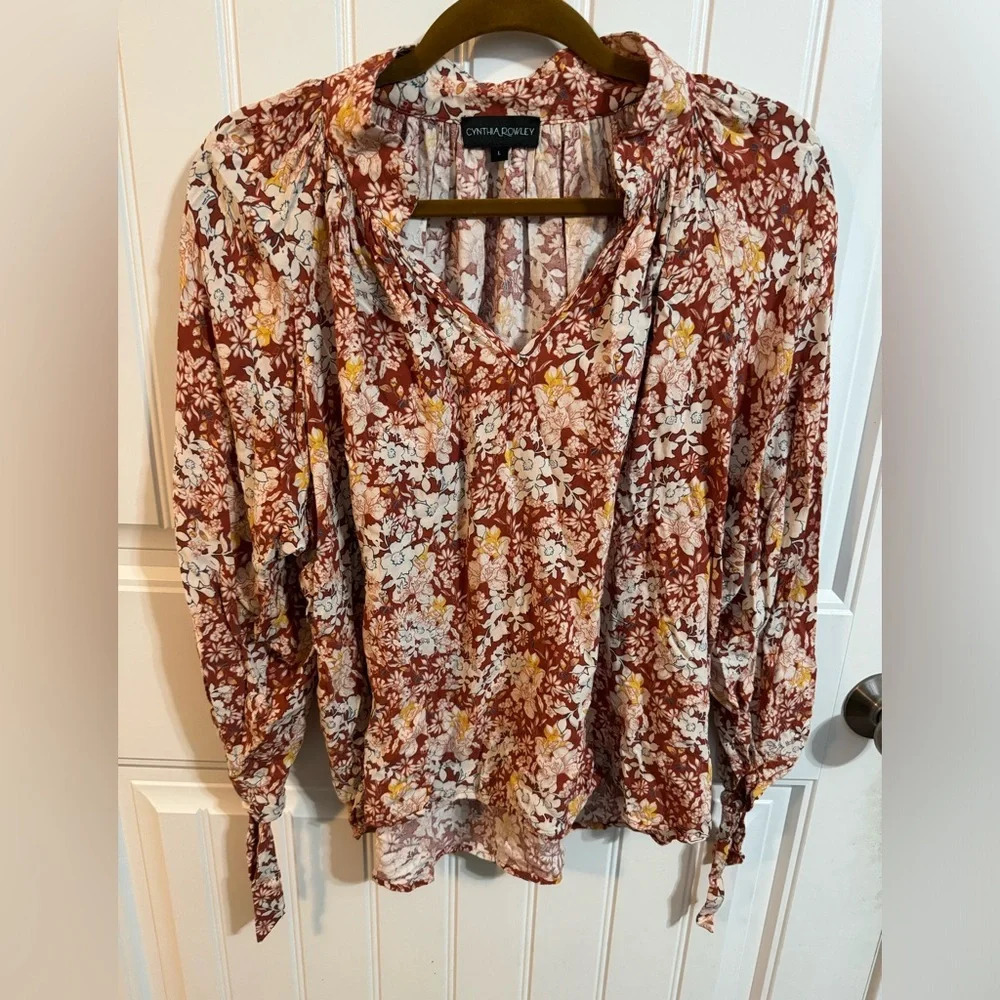 Cynthia Rowley Floral V Neck Blouse with Tie Sleeves - Picture 2 of 8